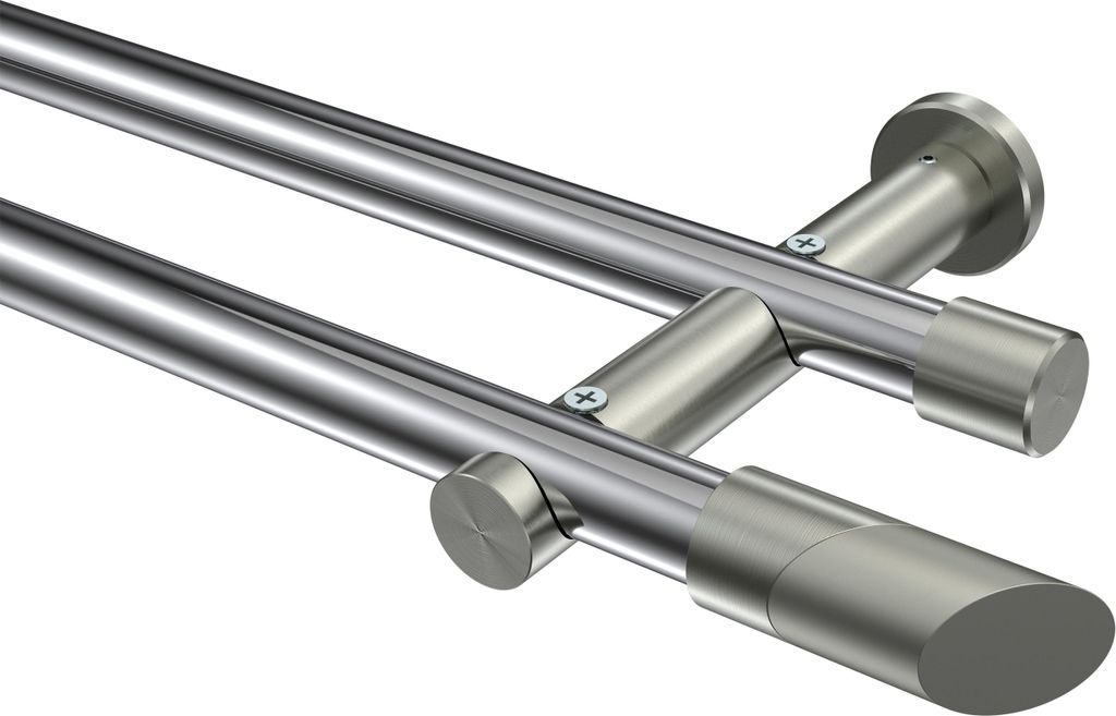 Interdeco Gardinenstange / Vorhangstange Chrom / Edelstahl-Optik, Typ Platon Verano (Schräge) ohne Ringe, 20 mm Ø 2-läufig, 260 cm