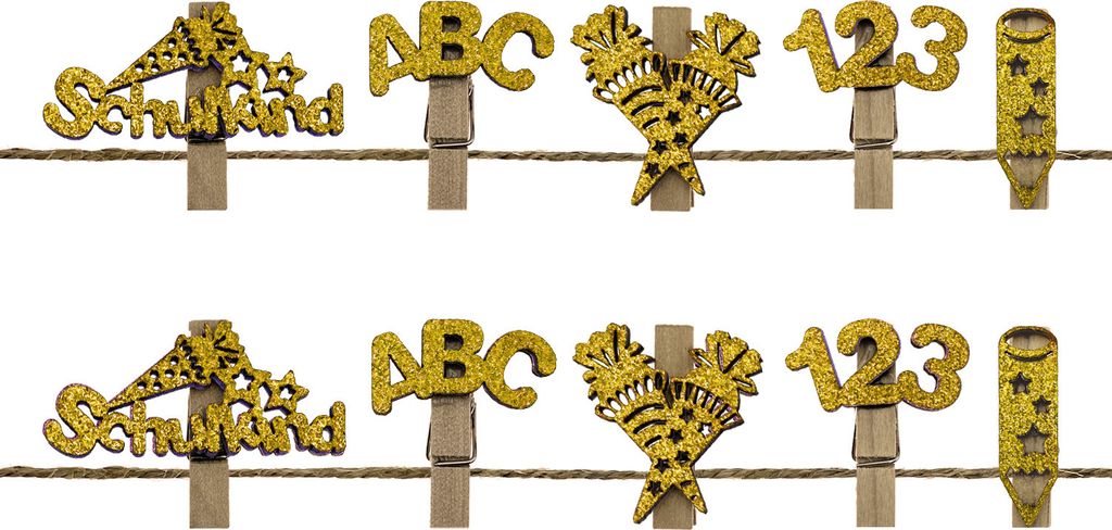 Oblique Unique 10 Mini Wäscheklammern Holz Miniklammern Glitzernd mit Schulkind 123 ABC Motiv für Schuleinführung Einschulung - gold