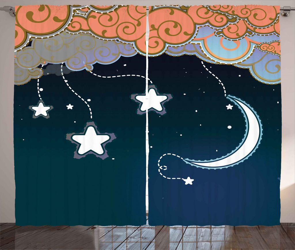 ABAKUHAUS Mond Rustikaler Gardine, Wolken Sterne und Mond, Schlafzimmer Kräuselband Vorhang mit Schlaufen und Haken, 280 x 245 cm, Dark Blue Salmo...