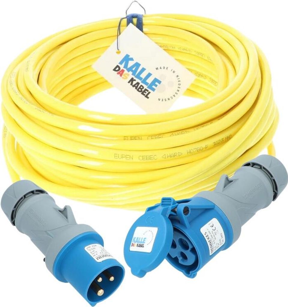 KALLE Camping Starter Set Campingkabel Polyurethan GELB 3G 2,5 mm² 25 Meter + Adapterkabel 3G 2,5 mm² 1,5 Meter Schuko Stecker auf CEE Kupplung