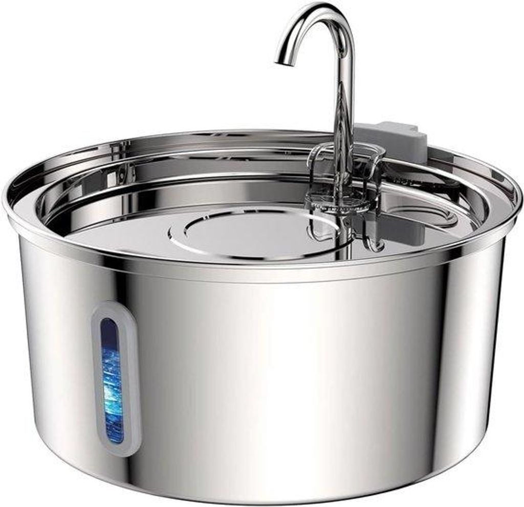 Kattentrinkbecken - 3.2 L - Stahl - Wassertrinkbecken mit Fenster - Mit Adapter und USB-Anschluss