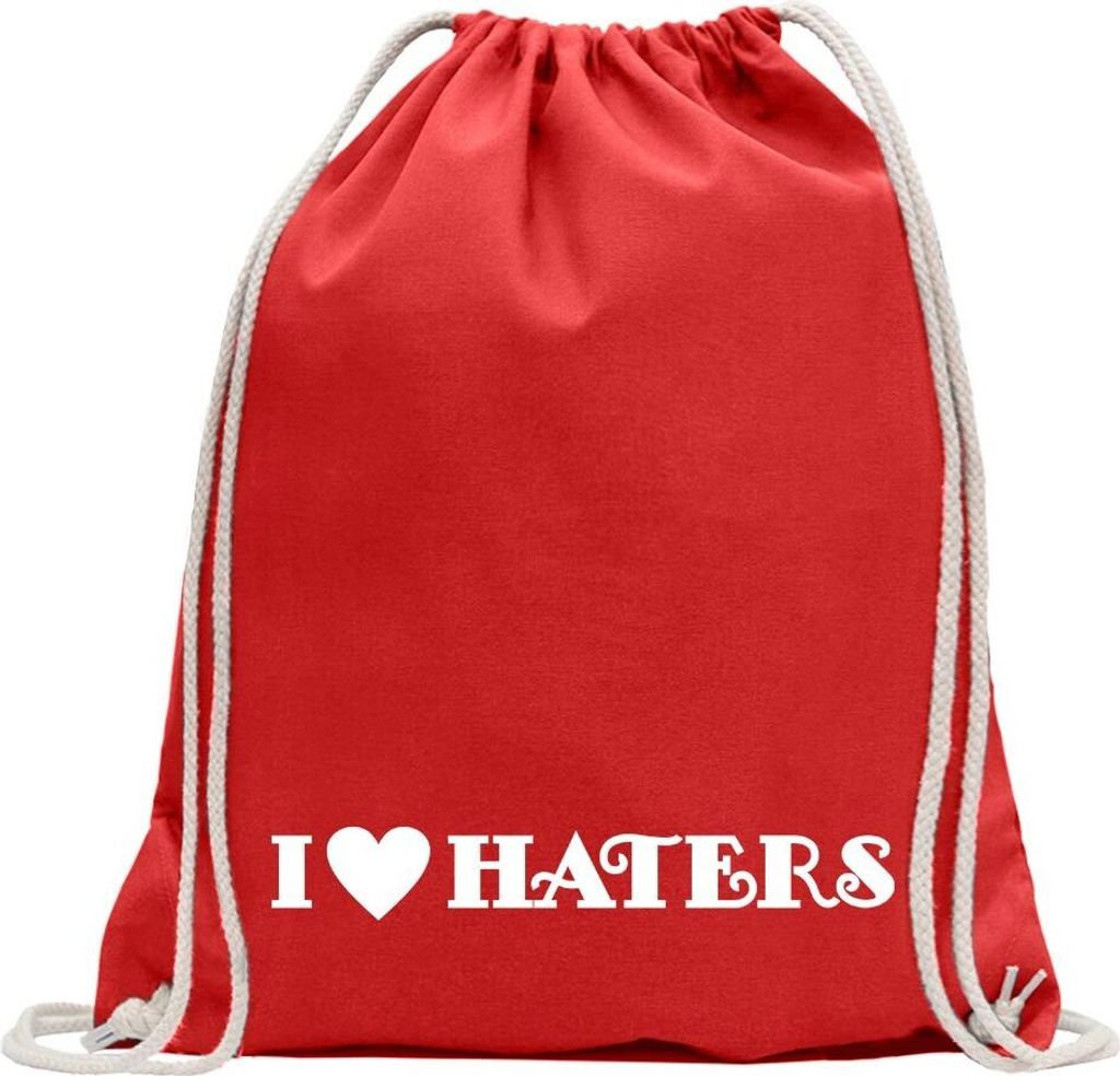 Kiwistar - Turnbeutel - rot - I love Haters - Fun Rucksack Sport Beutel Gymsack Baumwolle mit Ziehgurt