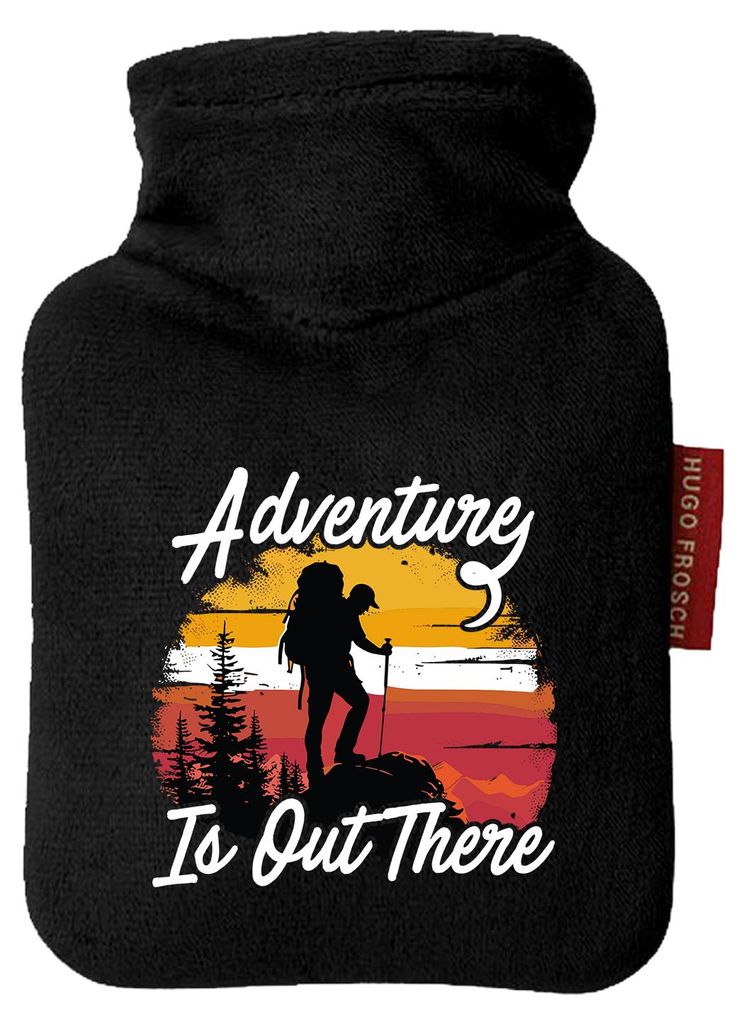 Huuraa Mini-Wärmflasche Adventure is out there Backpacking 0,2 Liter Black Mini Veloursbezug Taschenwärmer Geschenkidee
