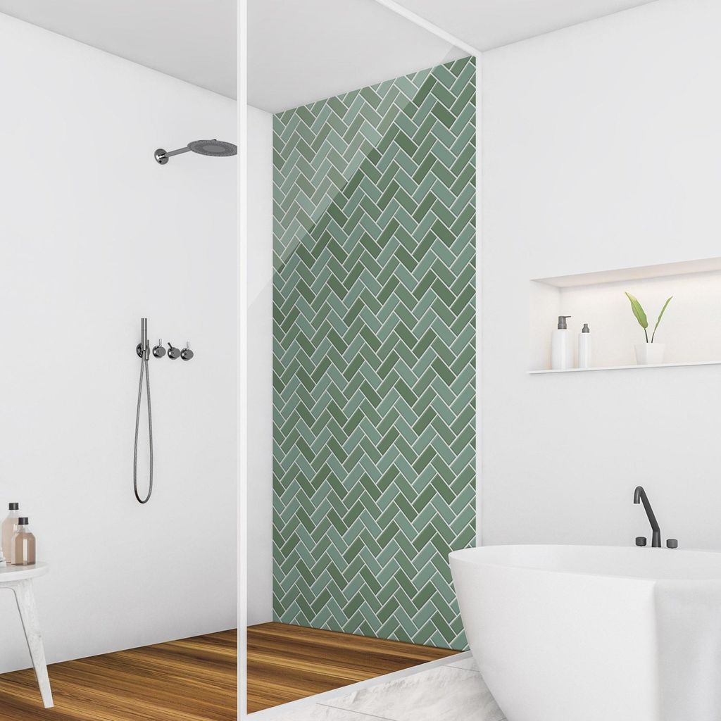 Duschrückwand mit Motiv selbstklebend - 0.35 mm Wandpaneel wasserfest Design grün Fliesenoptik Unifarben Badrückwand fugenlos Smart matt 100x19...