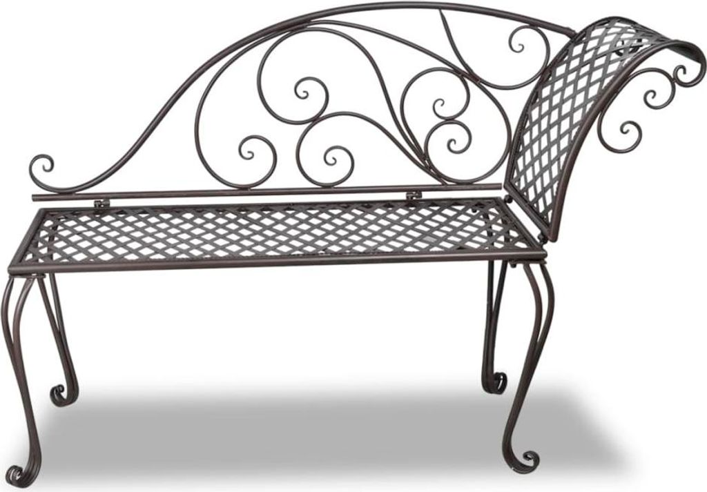 A metal garden bench with ornate scrollwork on a white background.