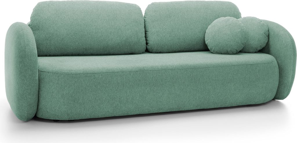 DomoHome Sofa OLIO Schlafsofa mit Bettkasten, Dekokissen, Klappfunktion, Skandinavisches Design, Liegefläche 142x200 cm, Schwarze Beine, Größe: ...
