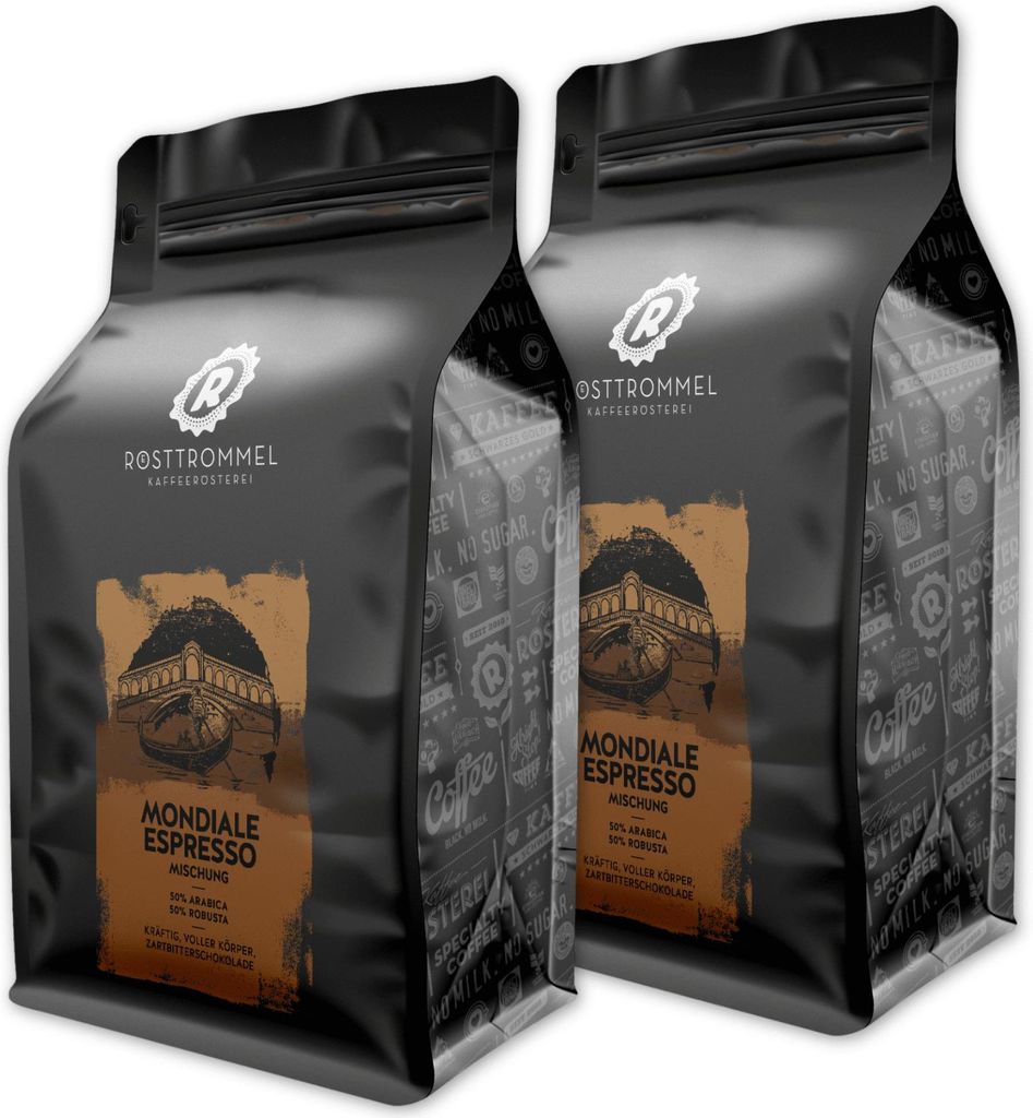 RÖSTTROMMEL Mondiale, ESPRESSO, Ganze Kaffee-Bohnen 2x1kg, 50% Arabica, 50% Robusta, Röstung 8/10, 50% Brasilien, 50% Indien, Geschmack: cremig -...
