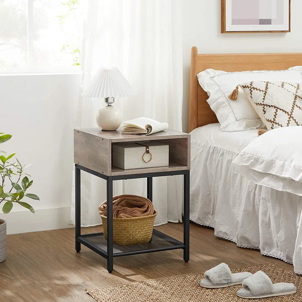 Table d'appoint avec compartiment ouvert et étagère grillagée noir mat - 3
