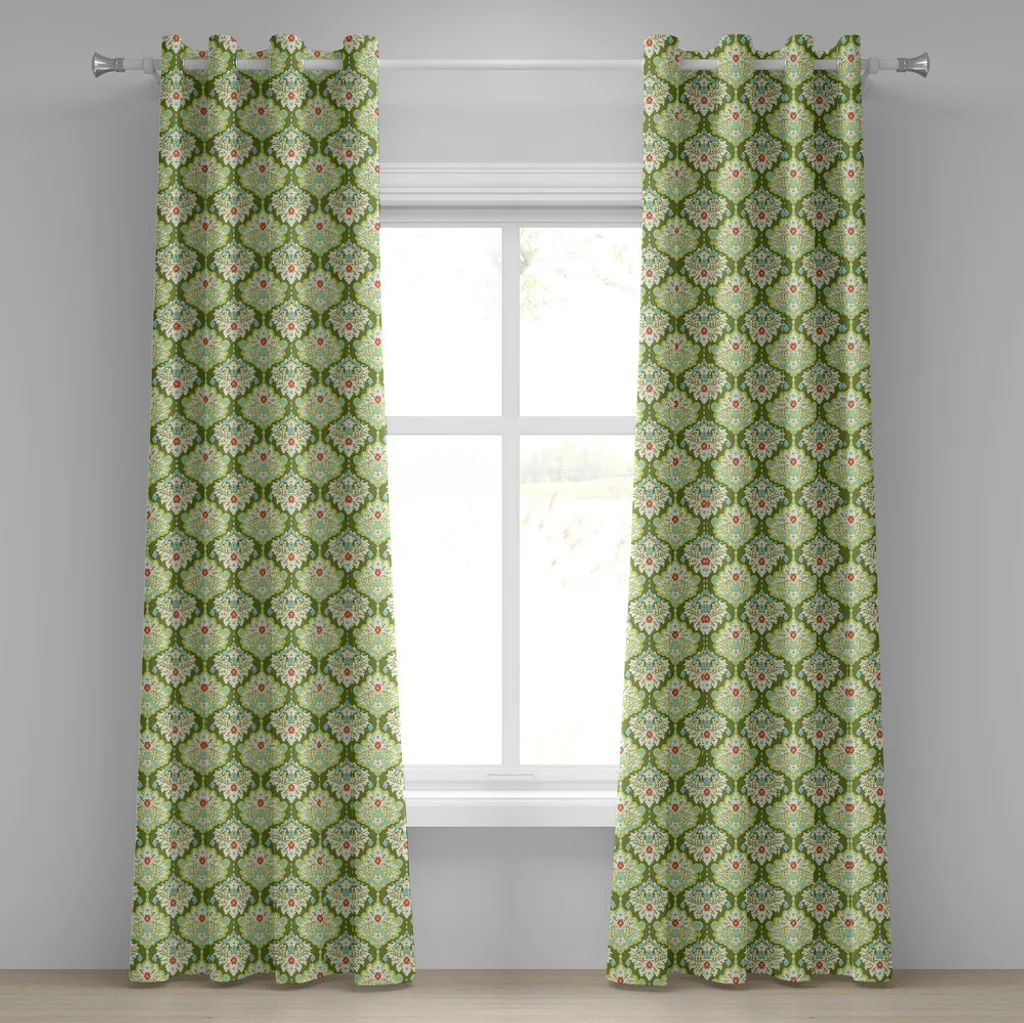 Rideau Flora Shabby à œillets en tissu soyeux, Set de 2 Panneaux Verts