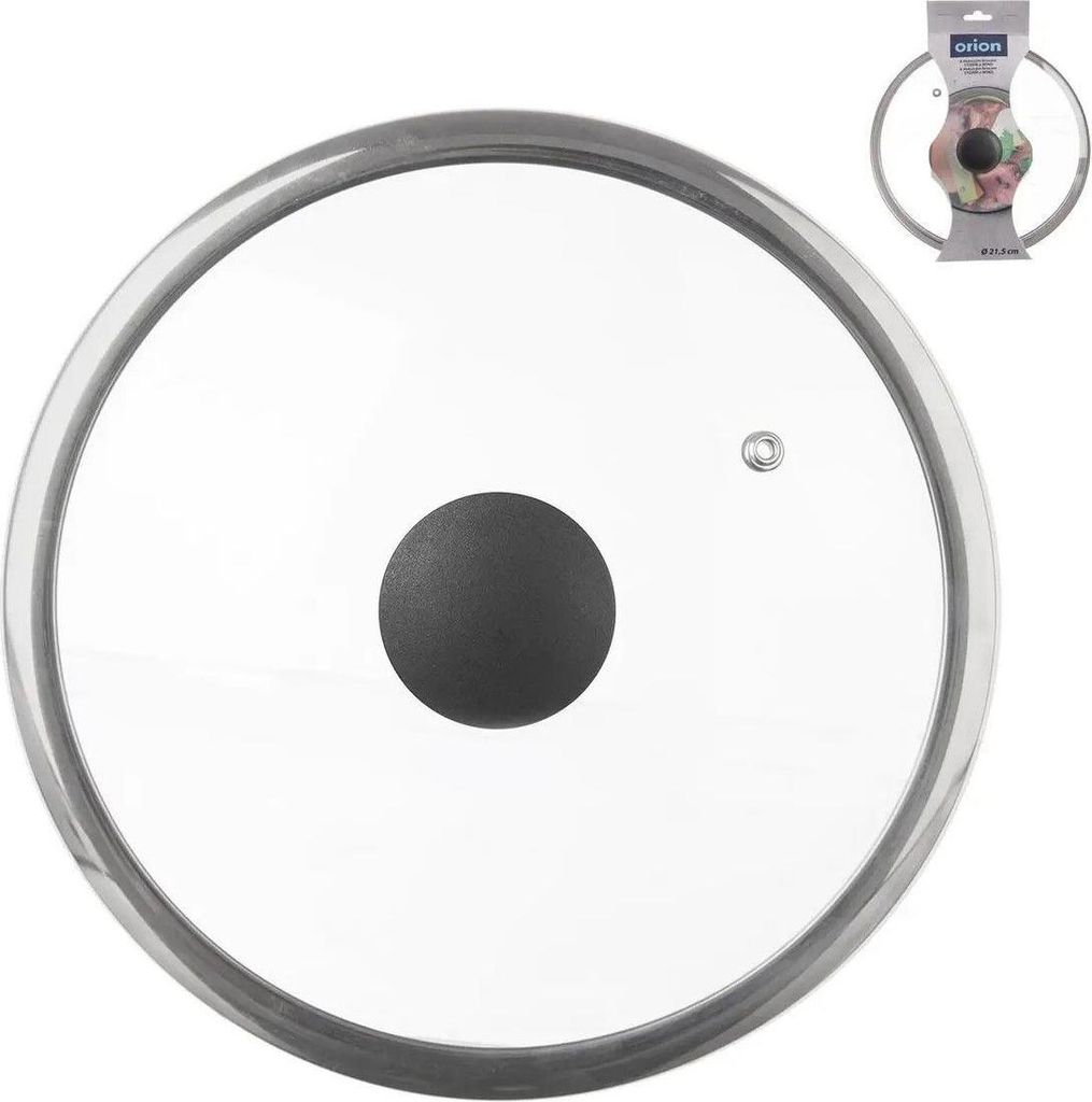 A glass pot lid with a black handle and a silver rim, shown from a top-down perspective. A small packaging insert is visible in the upper right corner.