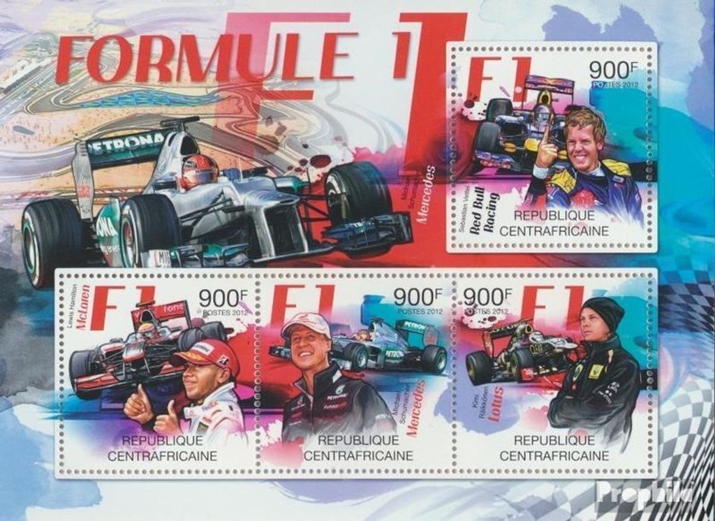 Briefmarken Zentralafrikanische Republik 2012 Mi 3767-3770 Kleinbogen (kompl. Ausgabe) postfrisch Formel 1