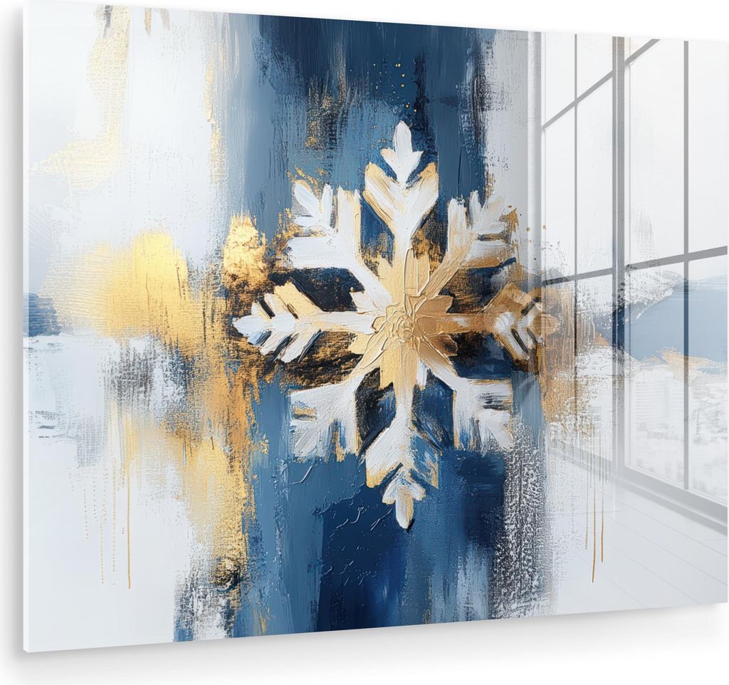 MuchoWow Glasbilder - Bilder auf Wandbild - Foto auf Glas Abstrakt - Winter - Schneeflocke - Schnee - Gold 40x30 cm Wanddekoration aus Glas - Acryl...