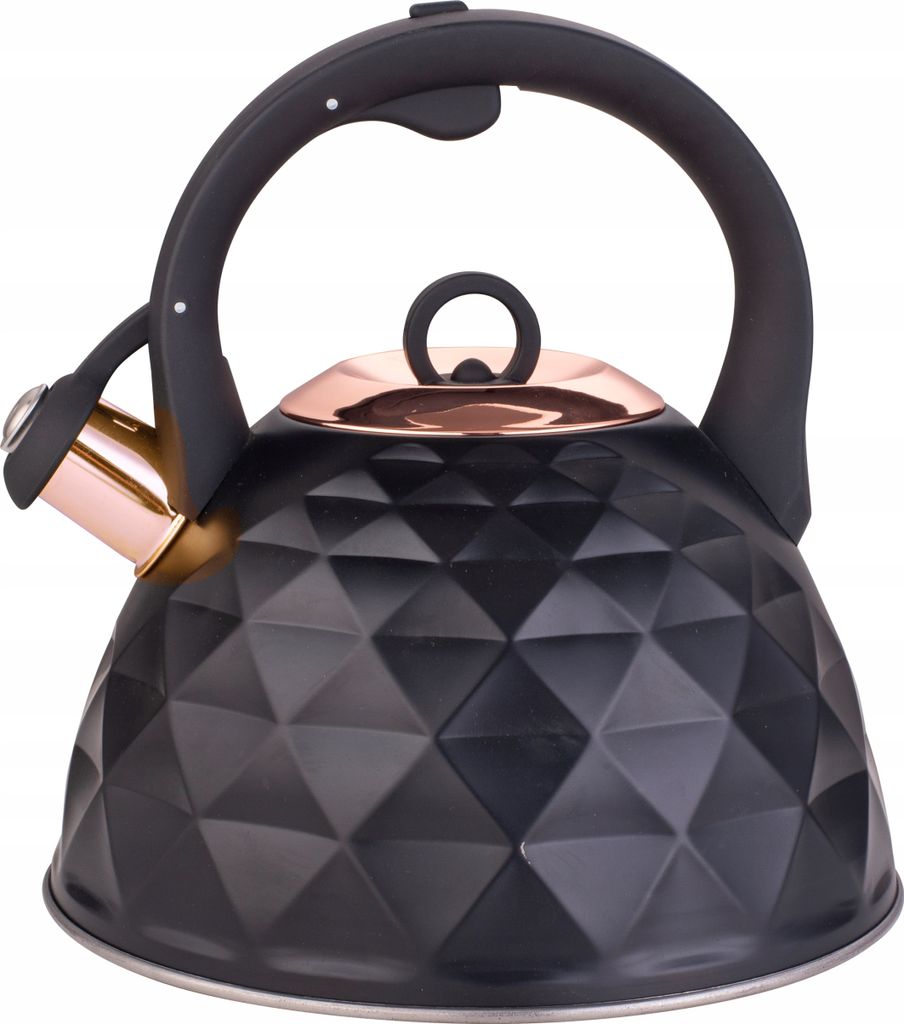 A black stovetop kettle with copper accents, shown against a white background.