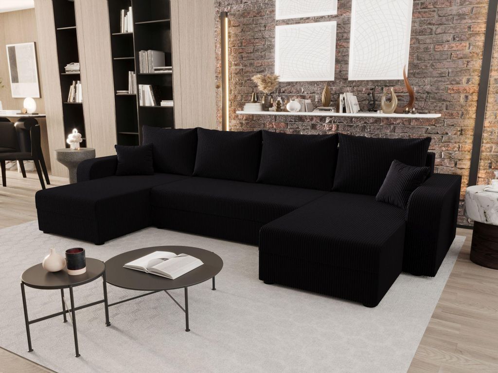 BEDANTE WOHNLANDSCHAFT HEWLET U BIS Zoom 23 Schwarz mit Schlaffunktion U-Form Sofa mit Stauraum Bettkasten Wohnzimmersofa Couch Sofa Bettsofa Bettk...