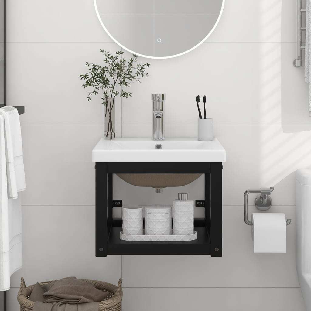 The Living Store Badezimmer-Waschtischgestell mit Waschbecken Schwarz Eisen