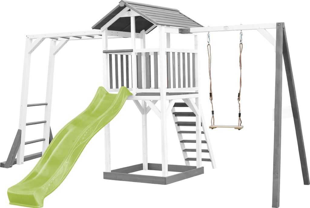 AXI Beach Tower Spielturm aus Holz in Weiß & Grau | Spielhaus für Kinder mit hellgrüner Rutsche, Klettergerüst, Schaukel und Sandkasten | Stelz...