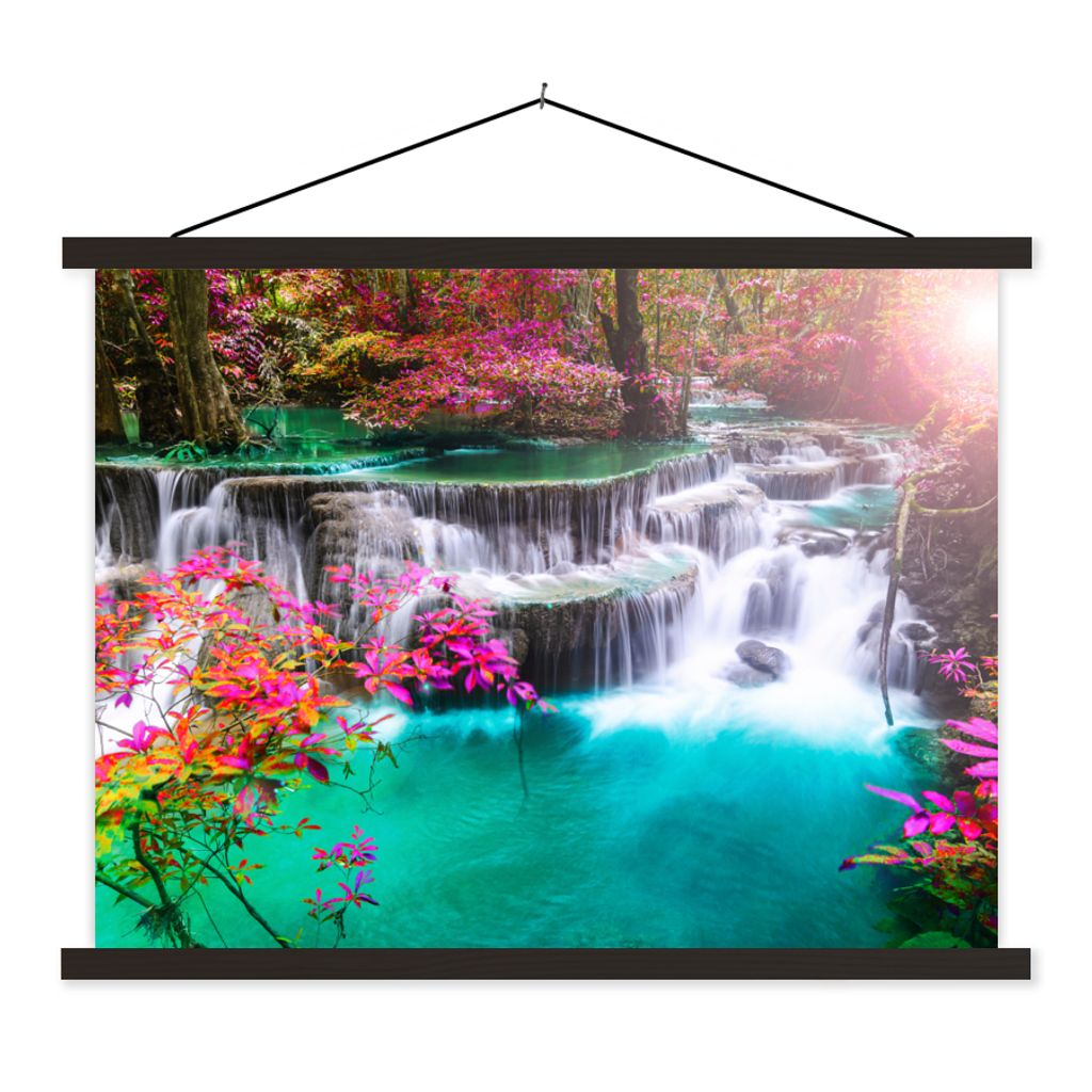 MuchoWow Textilposter Wasserfall - Sonne - Bäume - Regenbogen - Natur 120x90 cm mit schwarzem Rahmen - Aufhänger für Poster