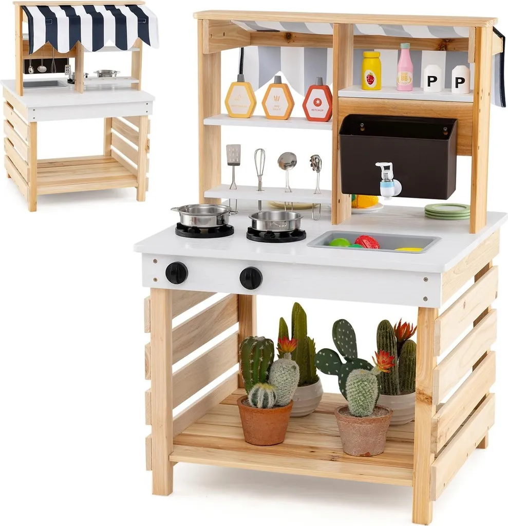 Cuisine bois pour enfant 2 en 1 avec pompe à eau et accessoires de cuisine