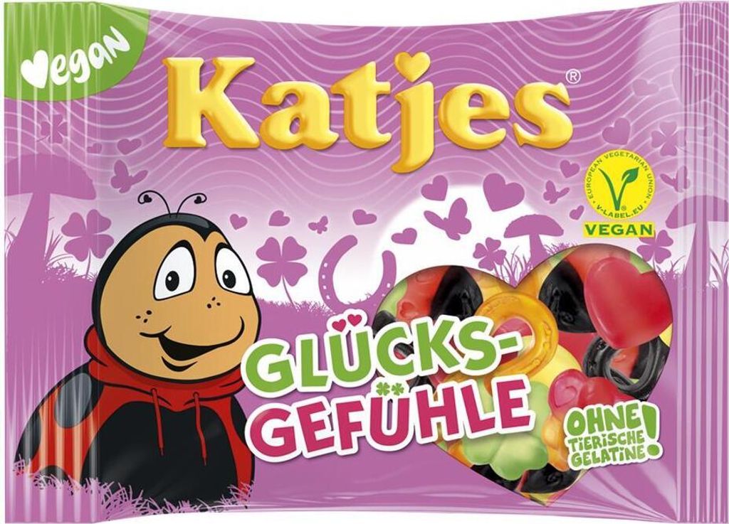 A bag of Katjes Glücksgefühle candies, featuring a cartoon ladybug and various candy shapes.