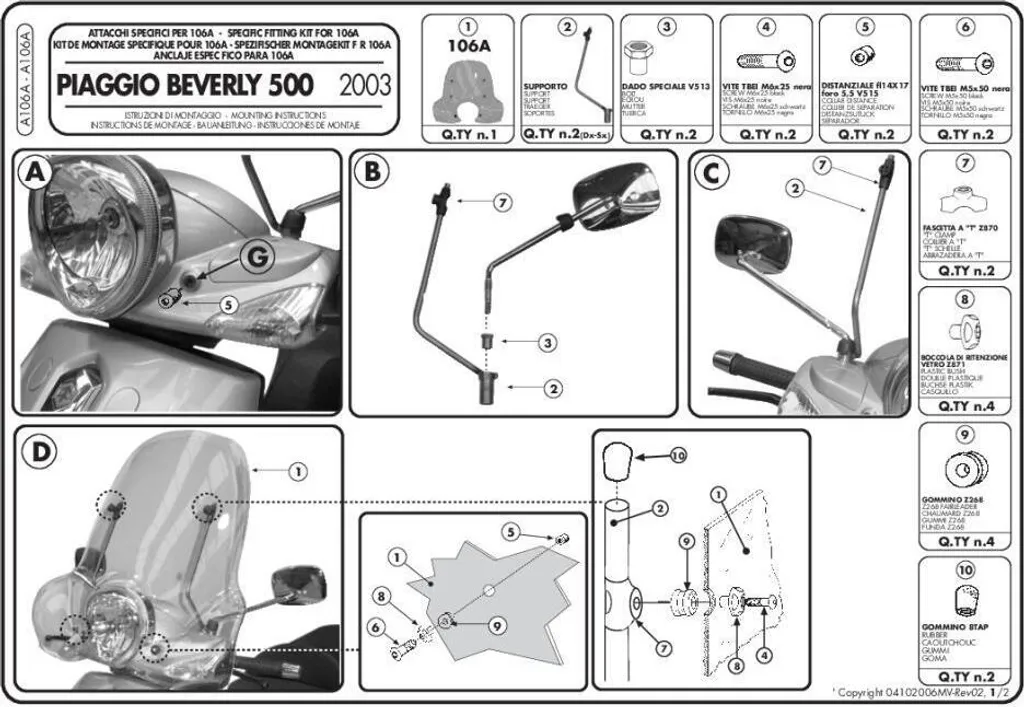 Système de montage Givi 106A spécifique pour bulle Piaggio Beverly