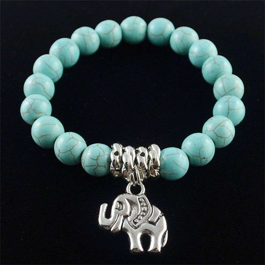 Modisches, natürliches türkisfarbenes Steinperlen-Tibet-Silberton-Elefant-Charm-Armband
