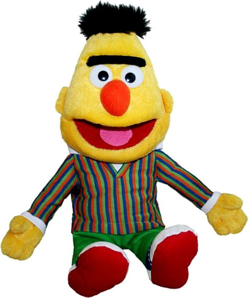 A plush toy of Bert from Sesame Street is sitting on a white background.
