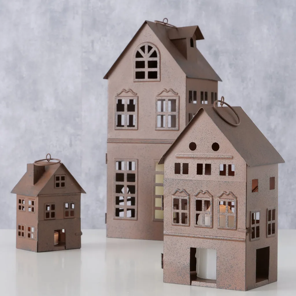Lanterne FIRENZA set de 3 pièces en métal marron forme maison décorative