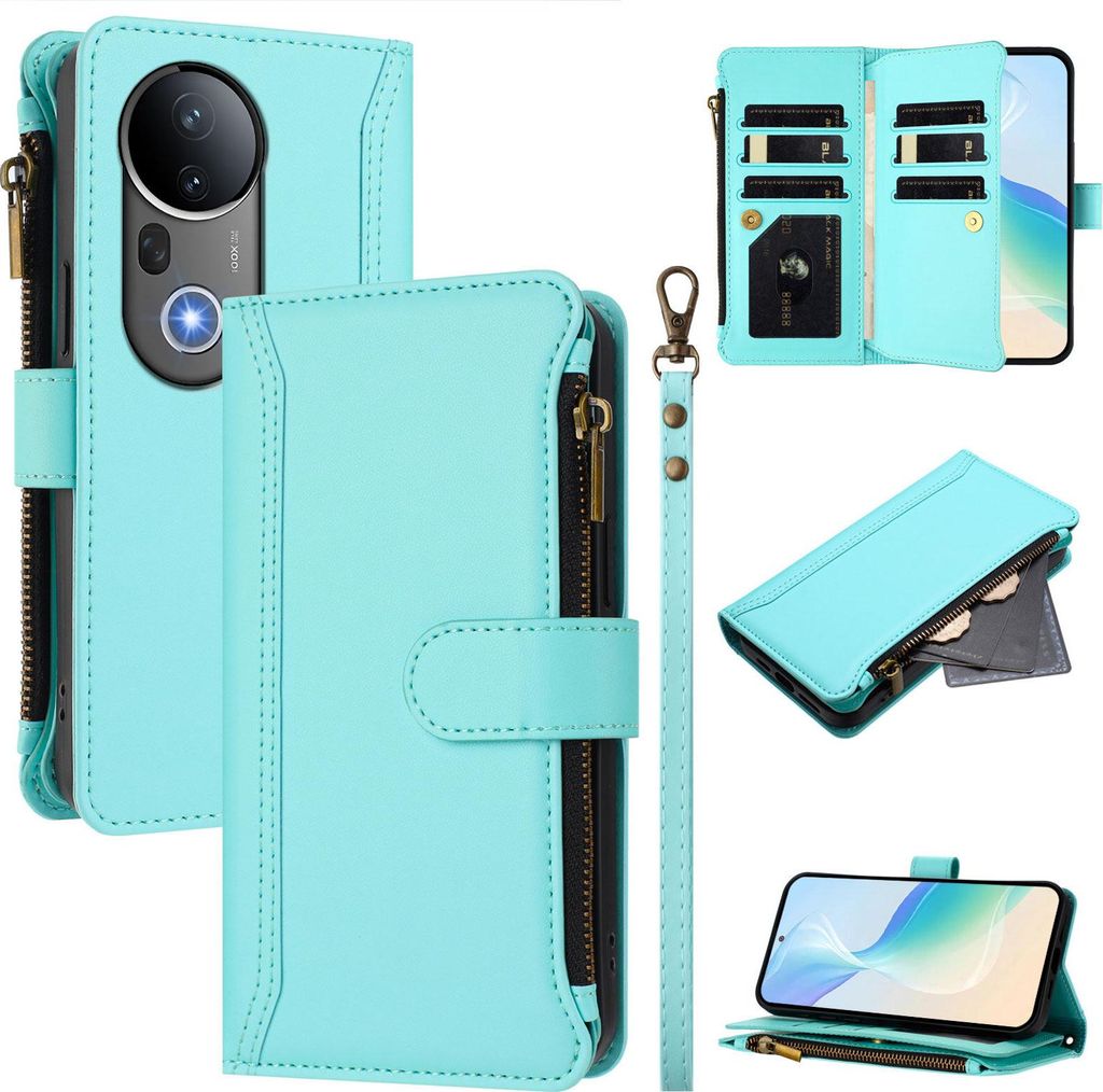 Handyhülle für Vivo S20 Pro Reißverschluss Geldbörse Kunstleder Klapphülle mit Kartensteckplatz, Ständer, Handschlaufe Türkis