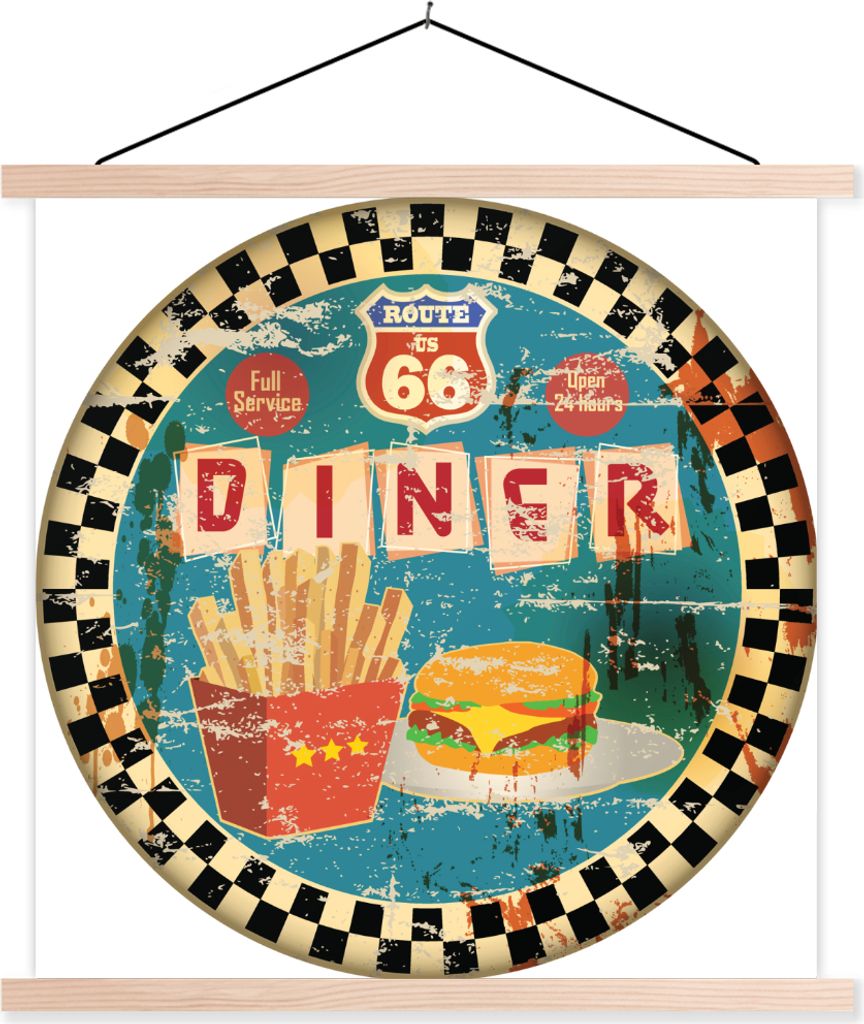MuchoWow Textilposter Lebensmittel - Vintage - Amerika - Zeichnung 120x120 cm mit holzfarbenen Rahmen - Textil-Poster