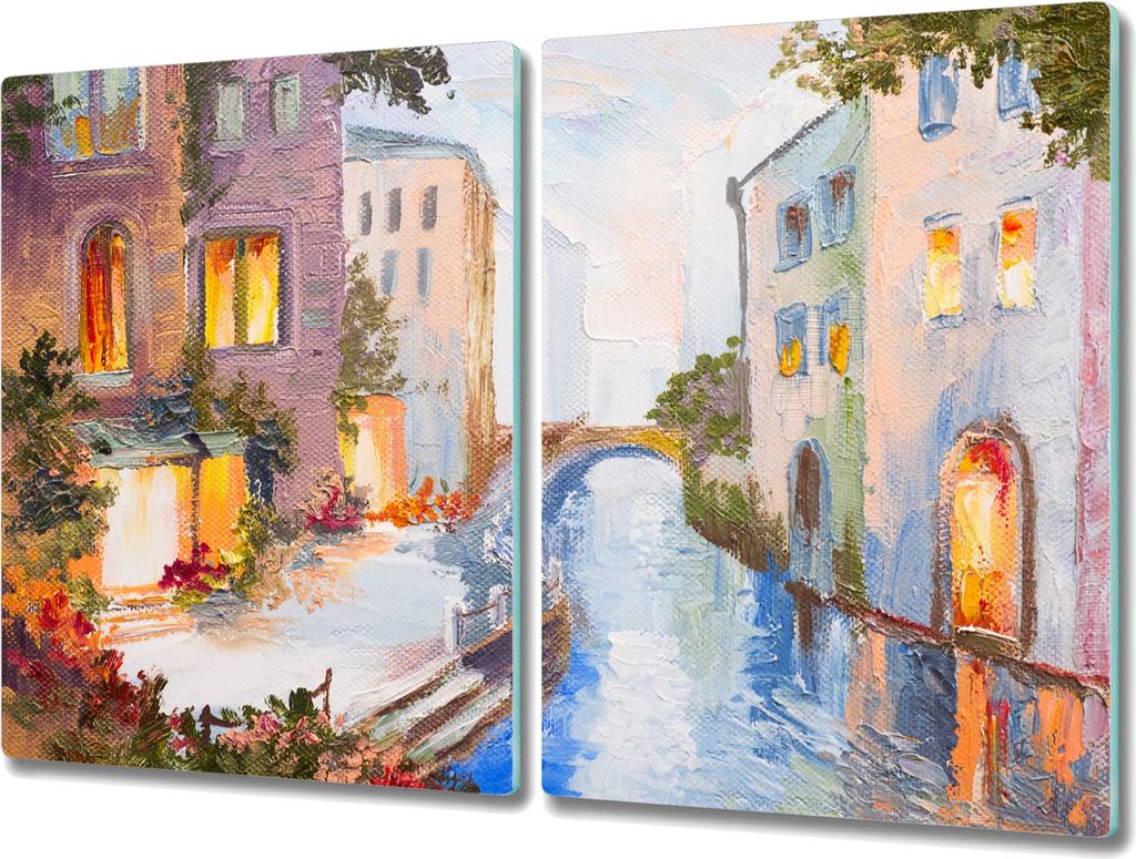 Coloray Küchenbrett Kochplattenabdeckung Hackbrett Schneidebrett Herdabdeckplatte 2x40x52 cm - Stadt Fluss Brücke Blumen