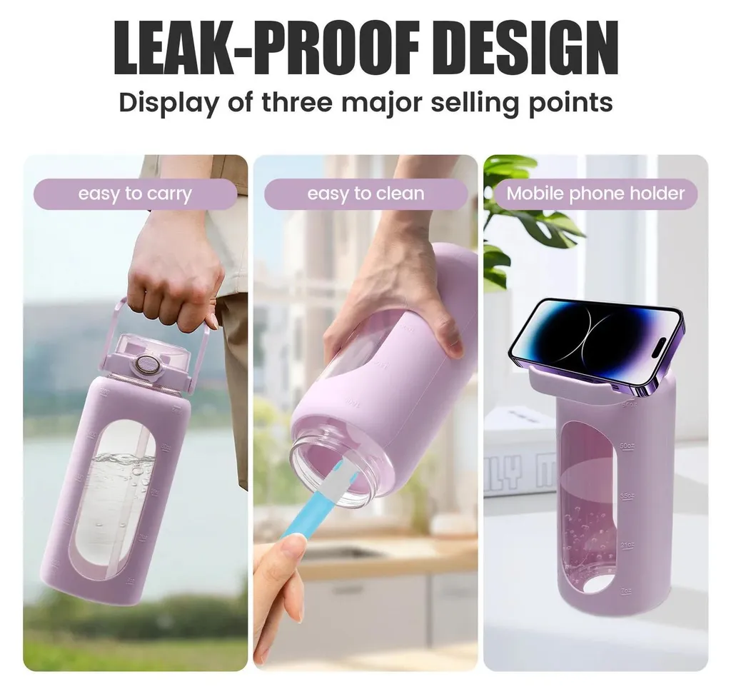 Borraccia In Vetro Da 1L Con Custodia In Silicone E Spazzola - Vetro Borosilicato Infrangibile, Senza BPA - Bianca - 3