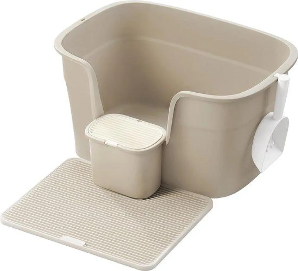 Bac à litière beige avec bord surélevé anti-projection et rangement