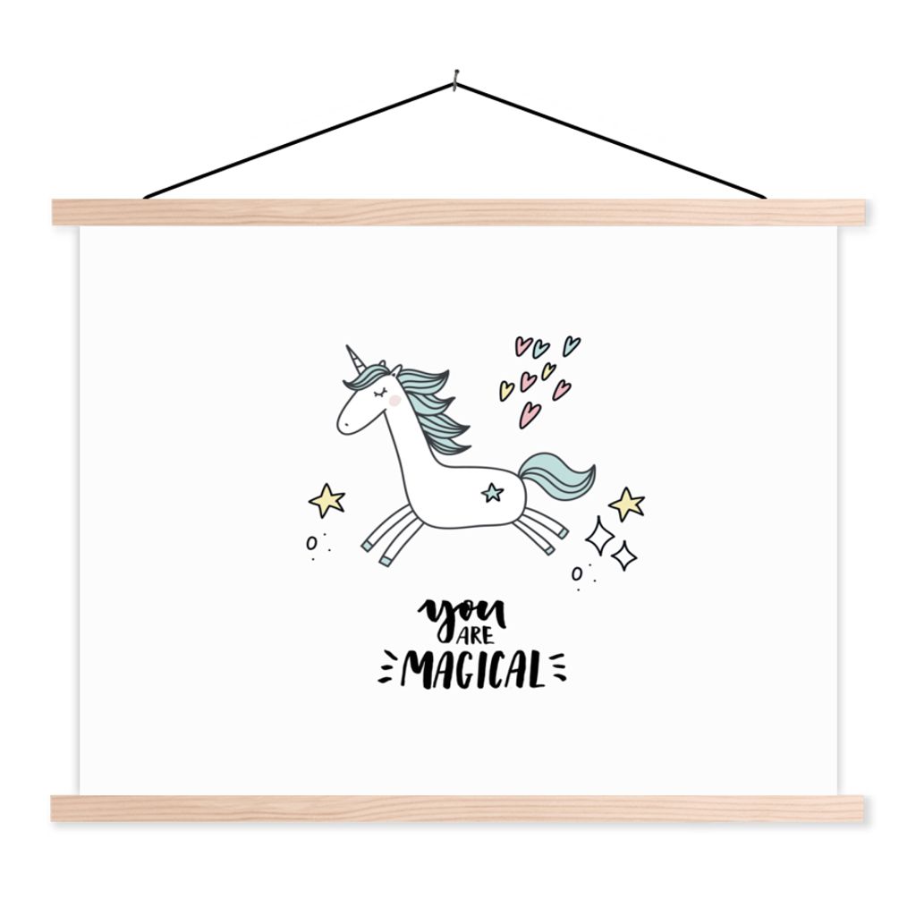 MuchoWow Textilposter Einhorn - Kinder - Zitate - Du bist magisch - Mädchen 120x90 cm mit holzfarbenen Rahmen - Magnetisch