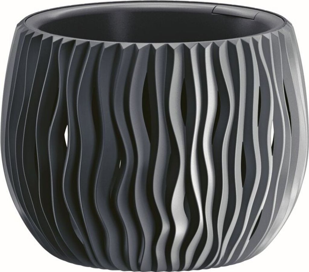 A dark gray, wavy patterned planter pot is shown against a white background.