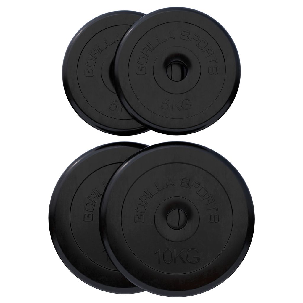 GORILLA SPORTS Hantelscheiben - 30 kg - 2 x 5 - 2 x 10 kg Gewichte, 30/31mm Bohrung, Gusseisen, Gummiert, Schwarz - Gewichtsscheiben, Hantelset
