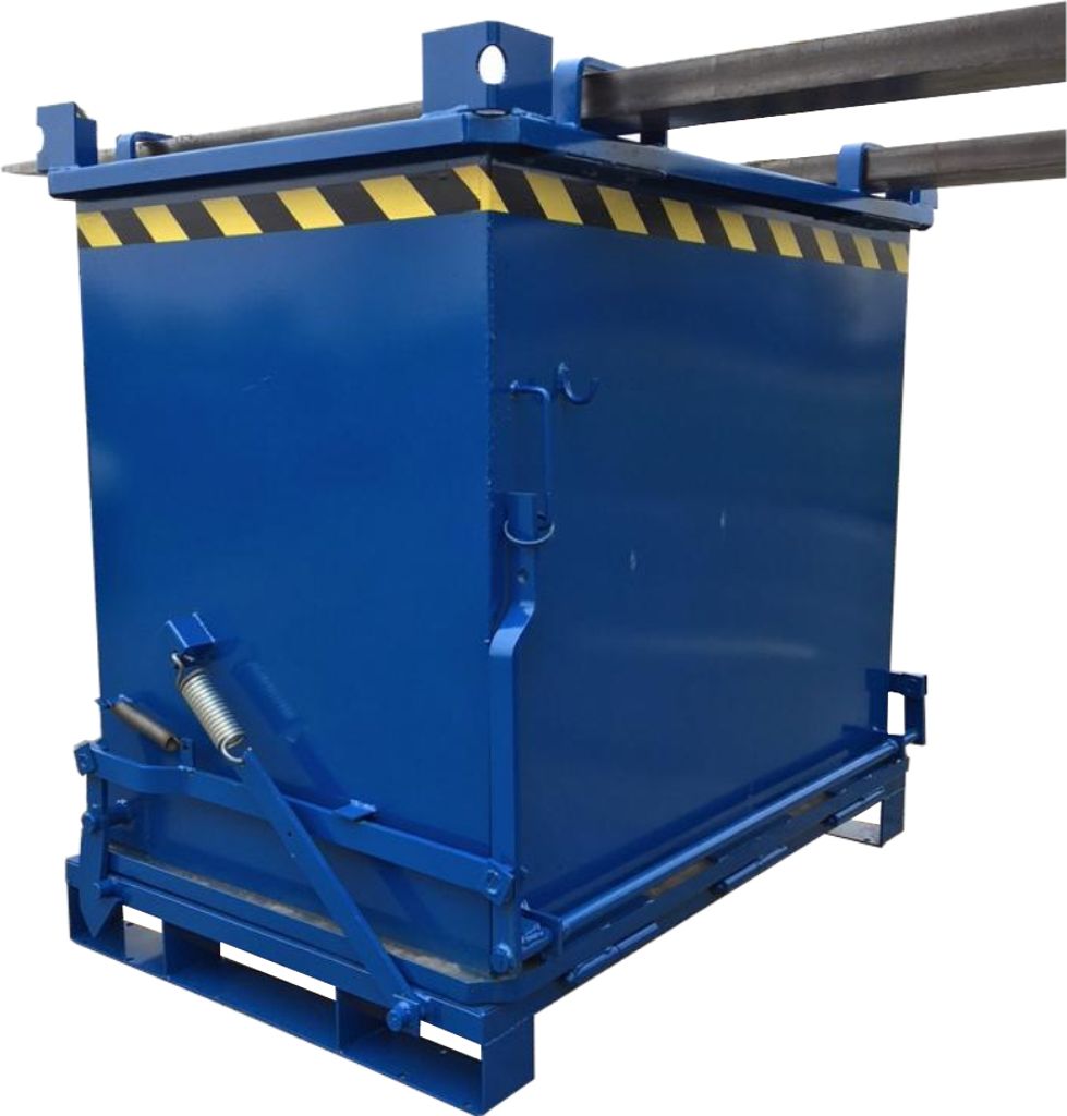 A blue industrial container with yellow and black hazard stripes on top, resting on a pallet. It has metal bars extending from the top, suggesting it's designed for forklift transport.