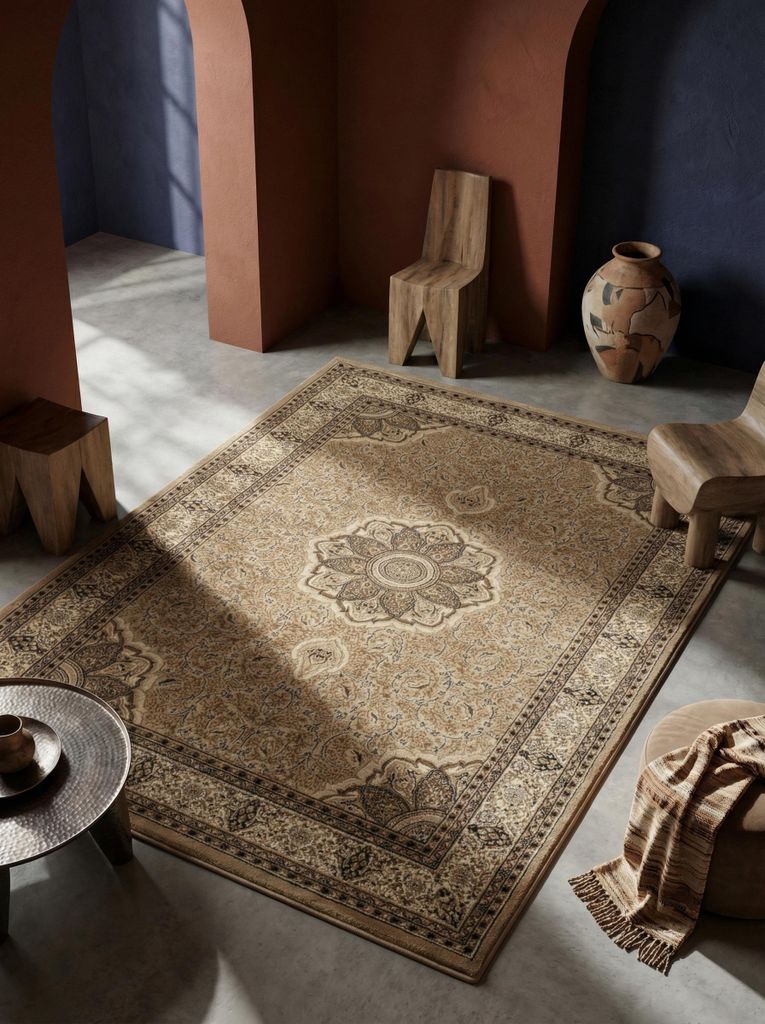 Wohnzimmerteppich Orient-Muster Modern Waschbar Strapazierfähig | Beige 120x170 cm Schlafzimmer Fußbodenheizung geeignet | SELVA – Kadima Design