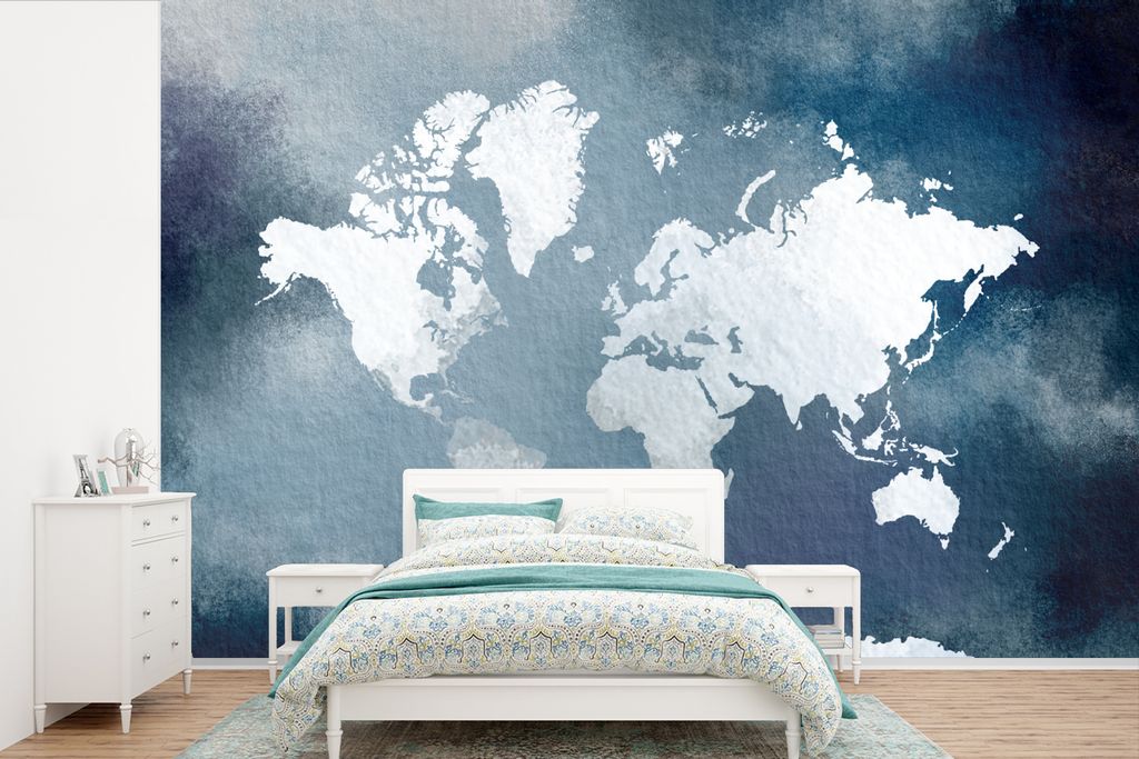 MuchoWow Fototapete für Wohnzimmer oder Schlafzimmer Wandtapete Vinyl Motivtapete Weltkarte - Aquarell - Blau - 420x280 cm - Zimmer für Kinder