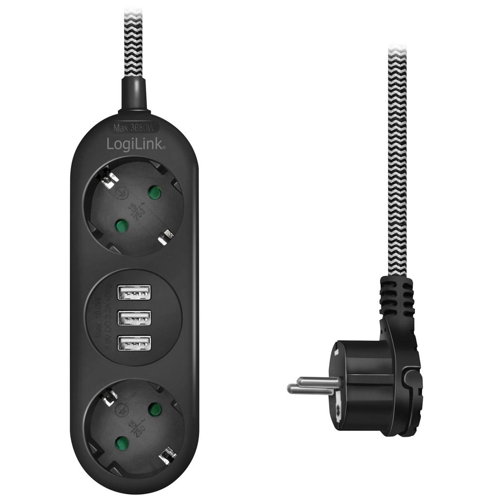 LogiLink Multiprise 2x,2xCEE 7/3+3xUSB-A,câble textile Image du produit 