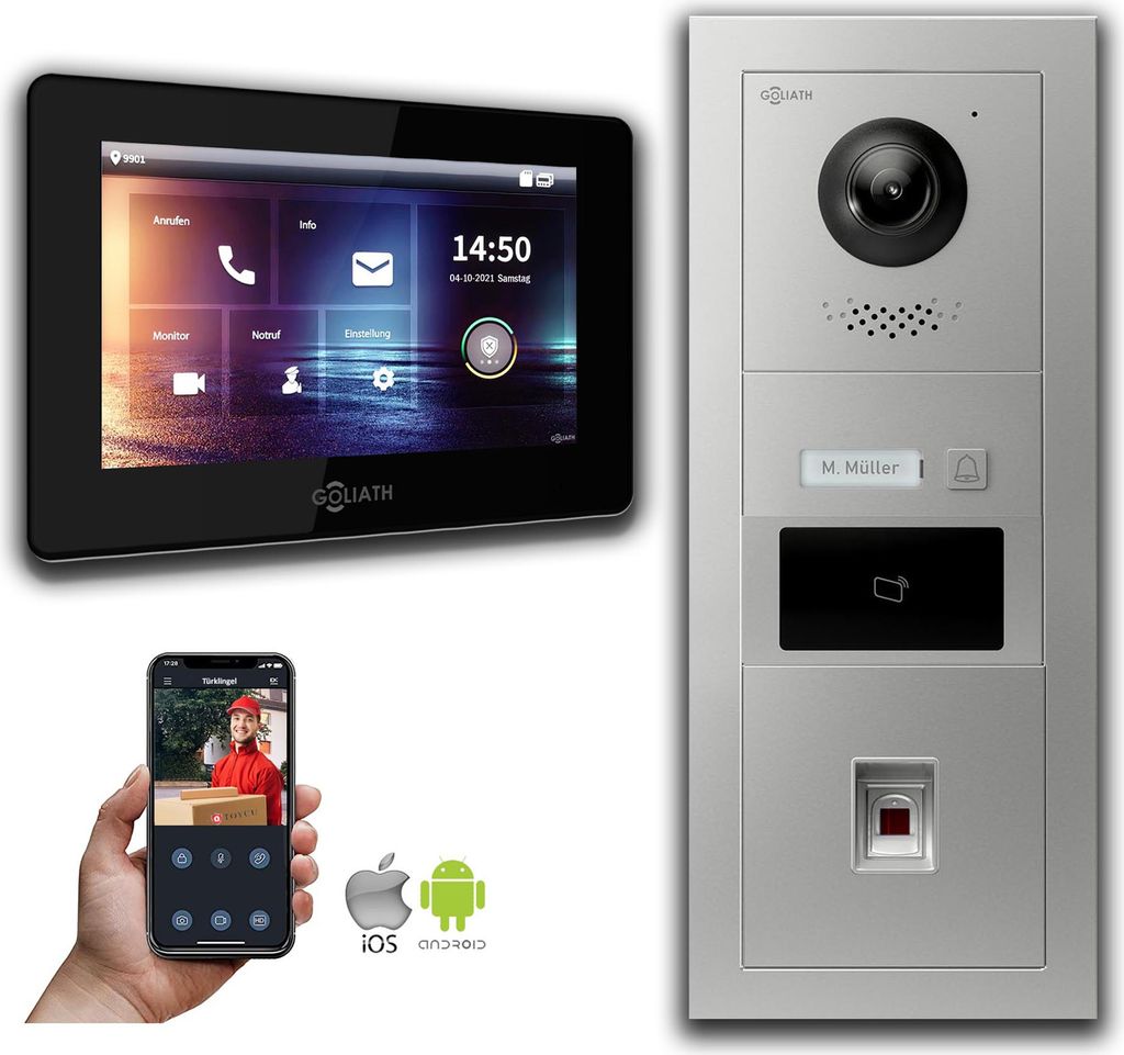 Türsprechanlage mit Kamera Goliath IP 2-Draht Fingerprint RFID : Unterputzdose : 7 Zoll in Schwarz Türklingel Montagedose: Unterputzdose Monitor ...