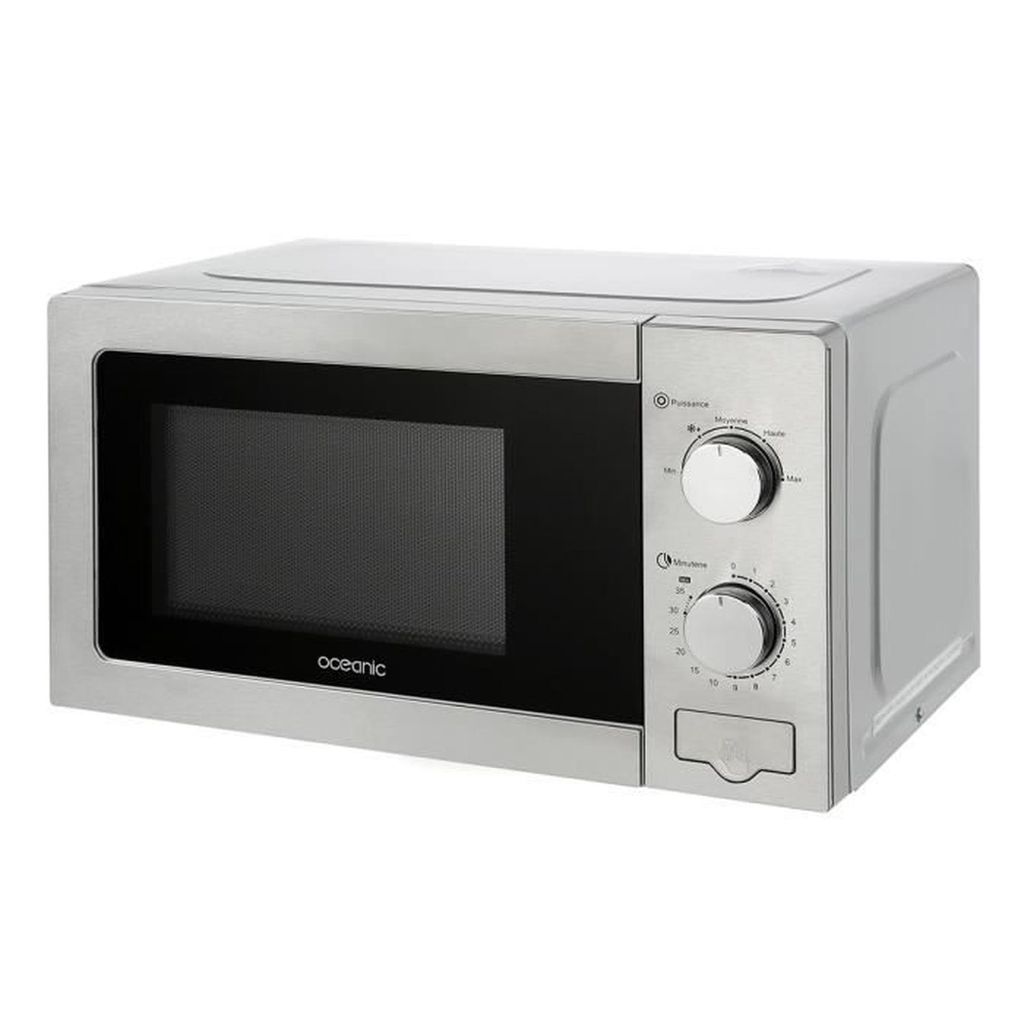 A silver microwave oven is shown from a three-quarter angle against a white background.