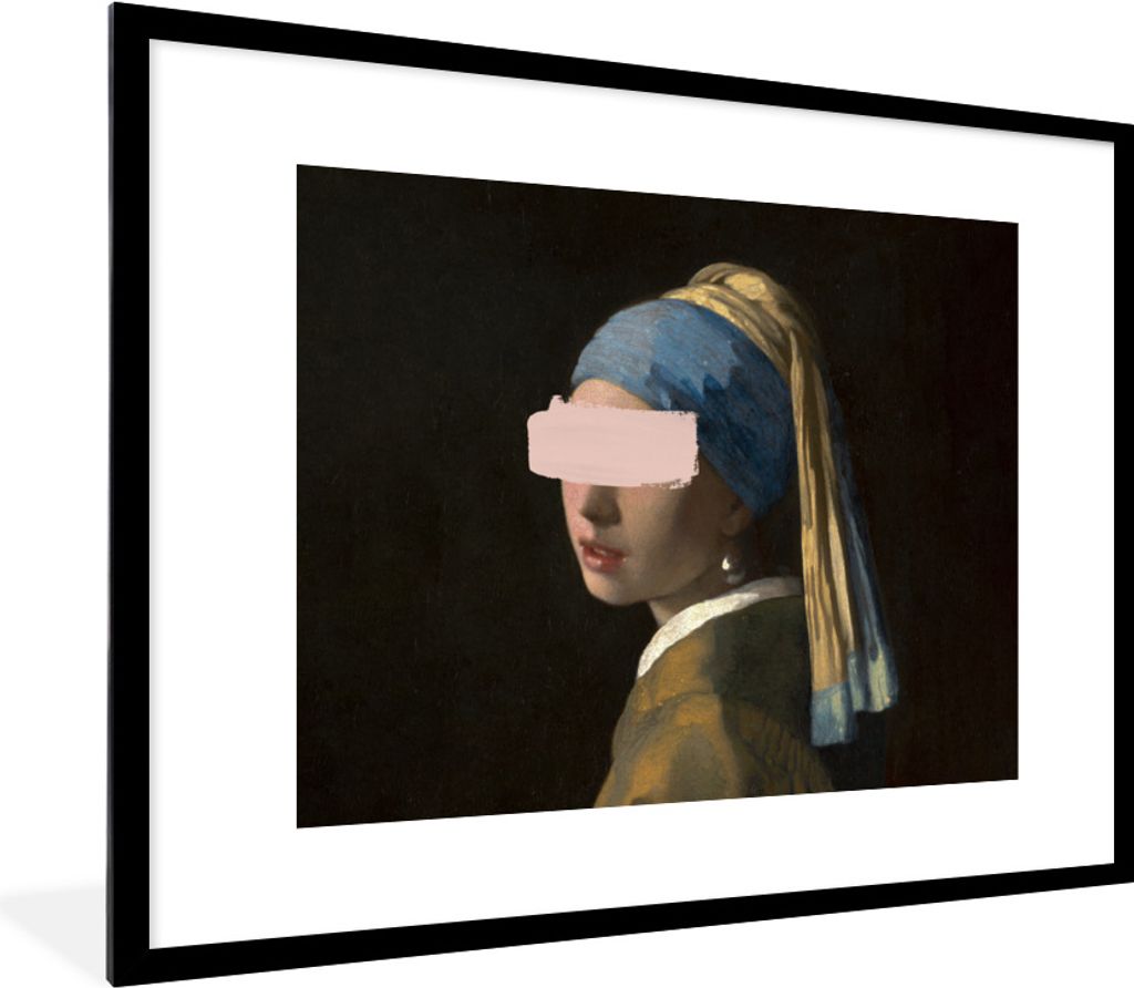 MuchoWow Gerahmtes Poster Das Mädchen mit dem Perlenohrring - Vermeer - Rosa 80x60 cm - Poster mit Schwarzem Bilderrahmen Wandposter Rahmen Foto...
