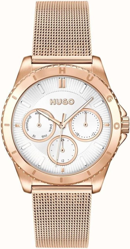 A close-up studio shot of a rose gold and white Hugo Boss women's watch against a white background.