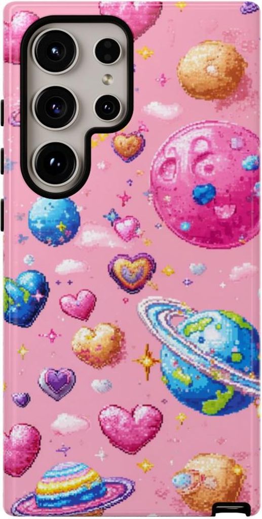 Pixel-Herzen und Planeten – Hülle Kompatibel mit Samsung Galaxy S24 Ultra