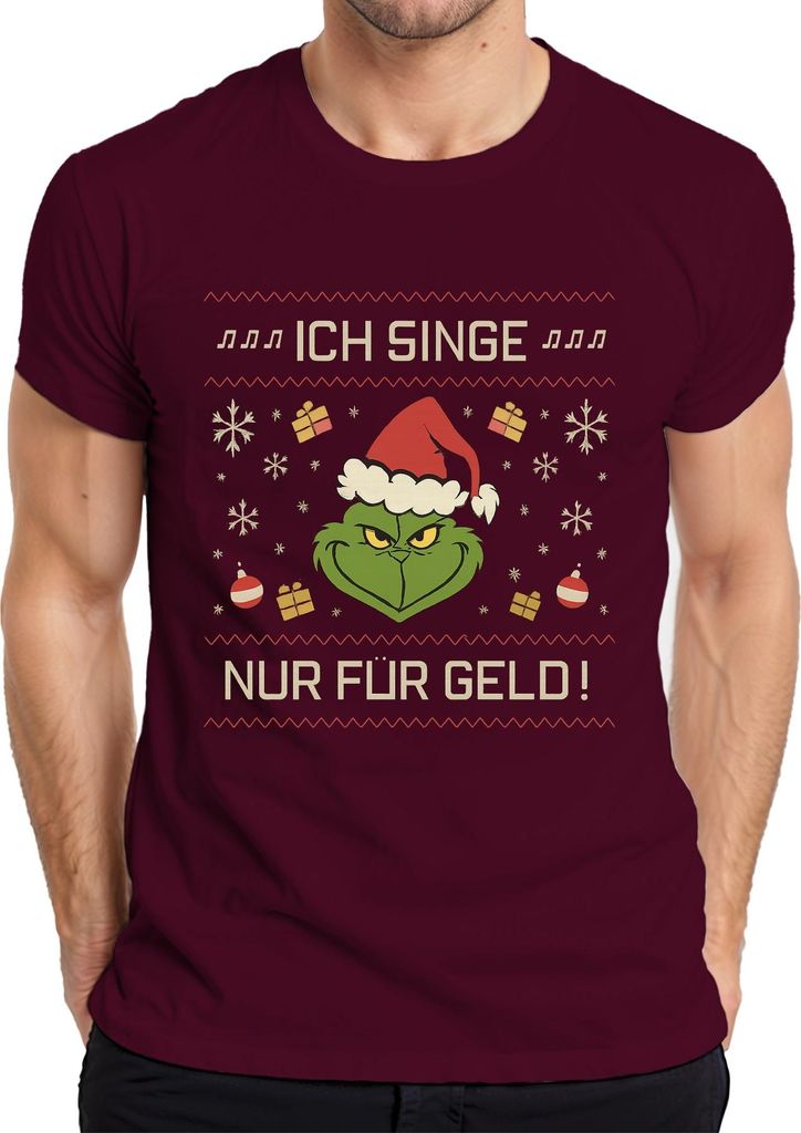 ICH SINGE NUR FÜR GELD Grinch Weihnachten lustig Karaoke Sänger Herren T-Shirt, Burgundy, S
