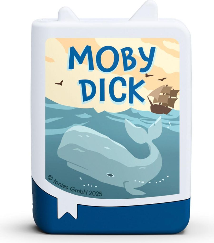 A product shot of a Moby Dick Tonie Hörfigur, a small white and blue audio figure with a depiction of Moby Dick, a ship, and the title "MOBY DICK" on its front.