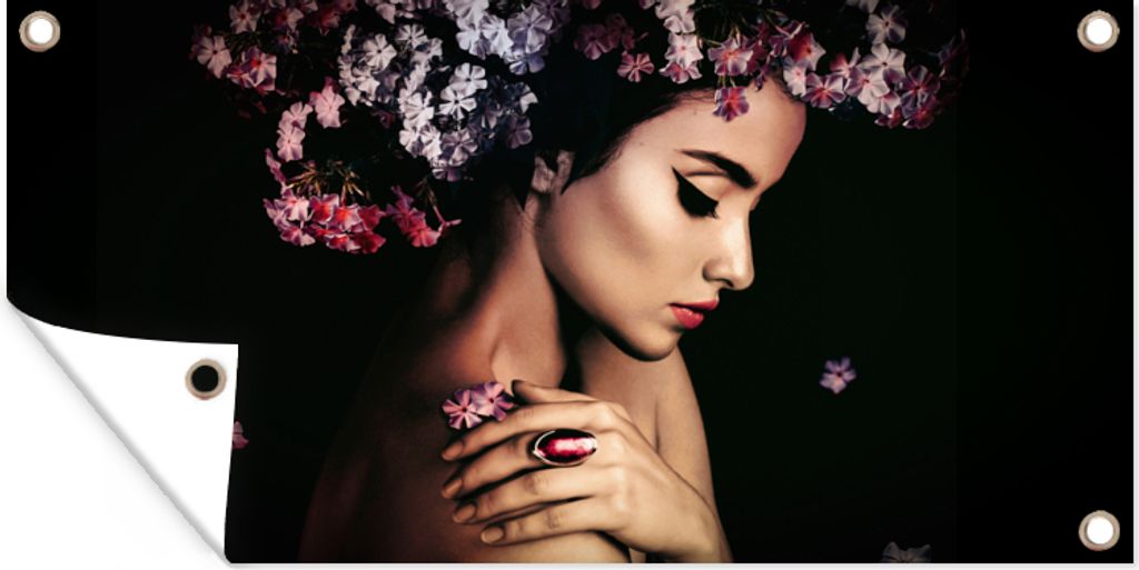 MuchoWow 80x40 cm Outdoor-Poster Gartendeko Sichtschutz Garten Poster für den Garten Blossom - Frau - Rosa - Luxus