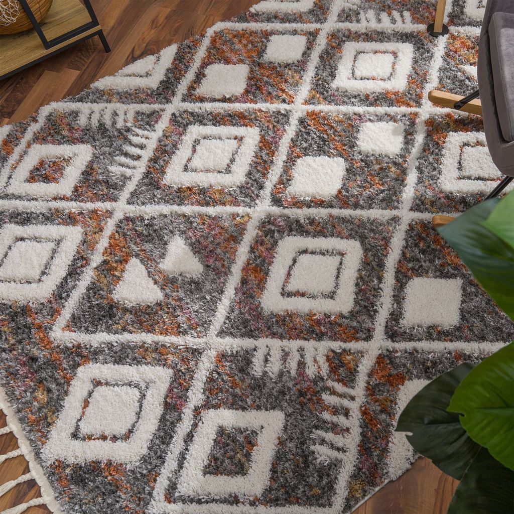 TT Home Wohnzimmer Schlafzimmer Teppich Hochflor Rautenmuster Mit Fransen Skandi Ethno Größe 120x160 cm