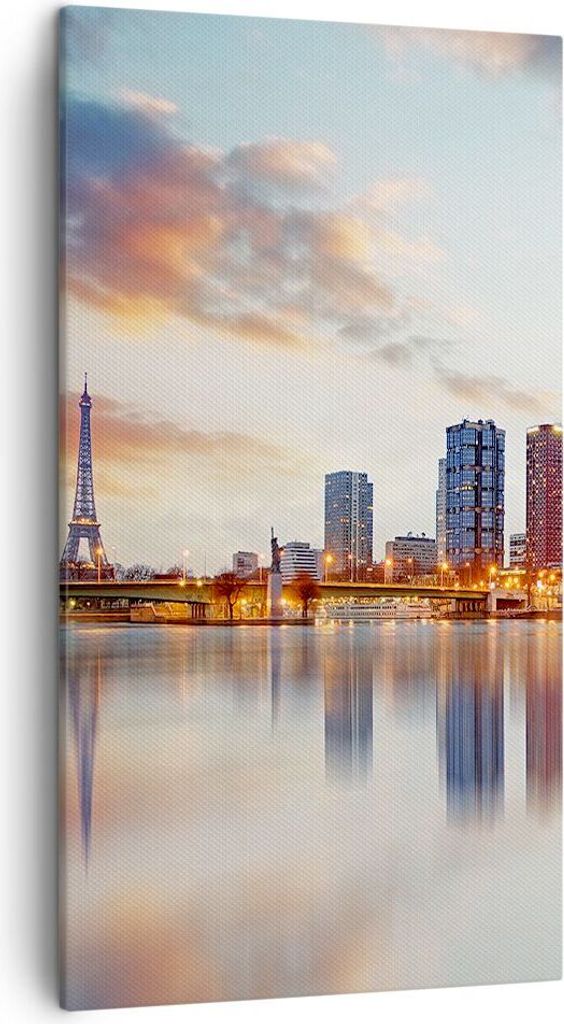 Bild auf Leinwand - Leinwandbild - Fluss Wolkenkratzer Ansicht Eiffle - 45x80cm - Wand Bild - Wanddeko - Leinwanddruck - Bilder - Kunstdruck - Lein...