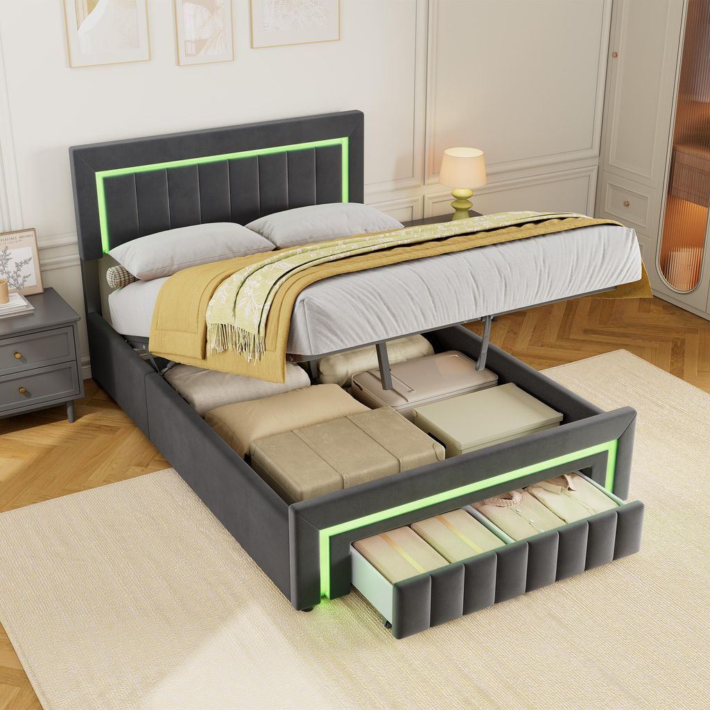 MODFU Polsterbett 140×200 mit Matratze,Jugendbett Stauraumbett mit LED,Rollen und Schubladen,Bettgestell,Grau